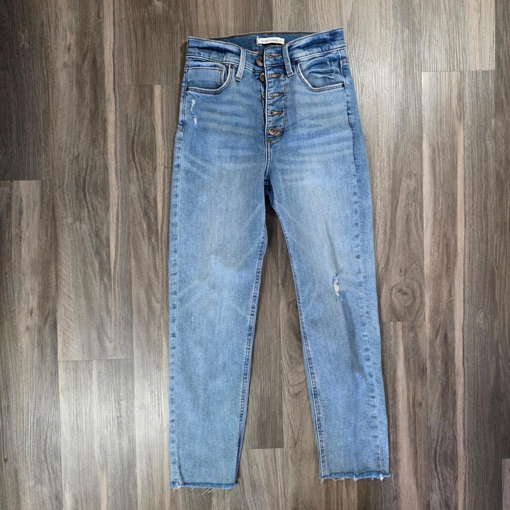 Whetherly‎ Pierce High Rise Straight Leg Jeans Light Wash Raw Hem Button Fly 24